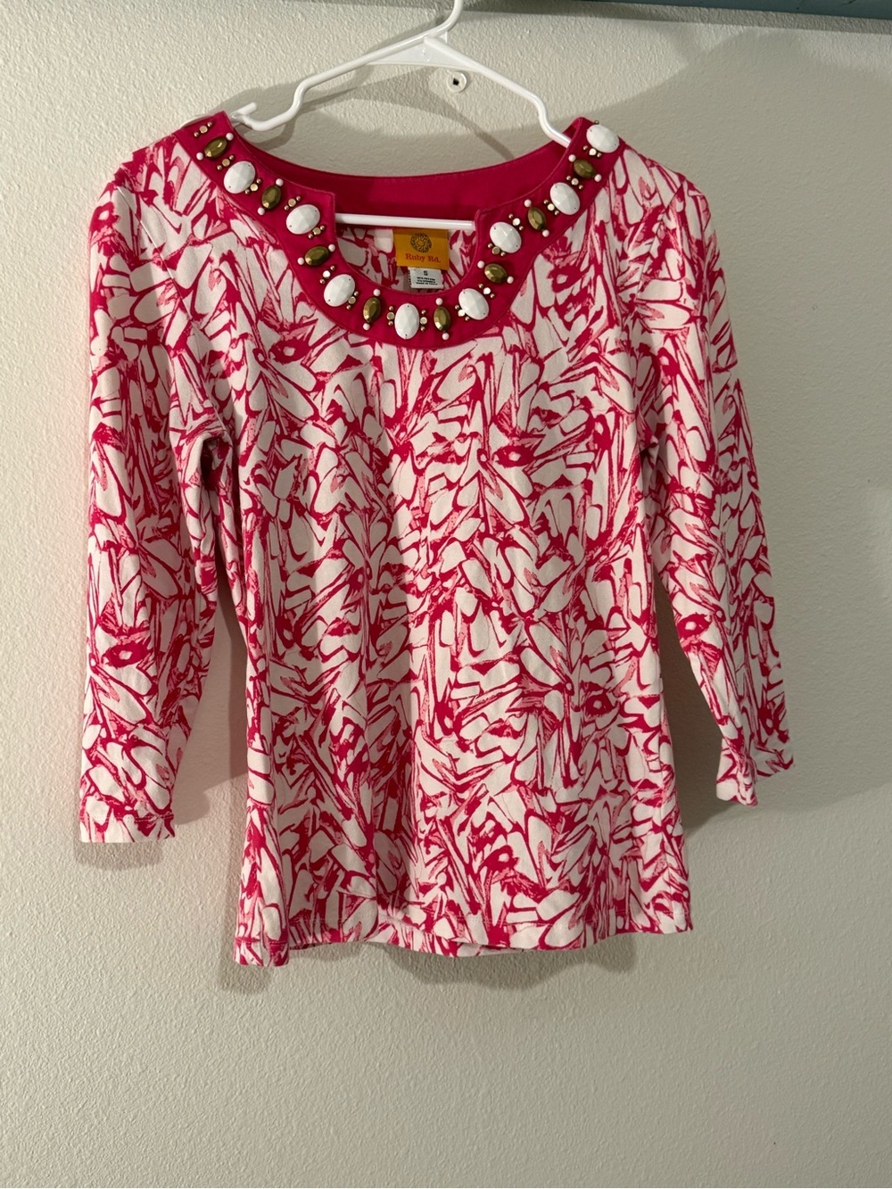 Ruby Rd. Pink and White Floral Jewel-Neck Top